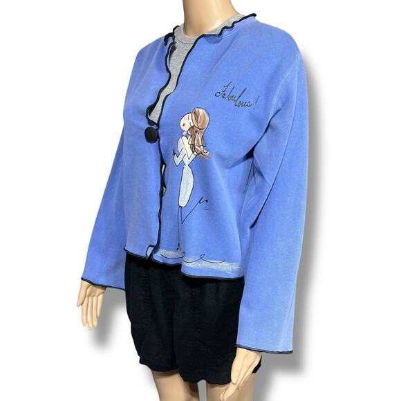 Vintage Stick Chics Womens Hand Painted Sweatshirt Button Closure Blue Medium - Picture 6 of 14
